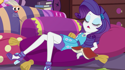 Size: 1920x1080 | Tagged: safe, screencap, rarity, blizzard or bust, equestria girls, equestria girls specials, g4, my little pony equestria girls: better together, my little pony equestria girls: holidays unwrapped, bags under eyes, book, clothes, eyes closed, eyeshadow, female, geode of shielding, legs, magical geodes, makeup, pencil skirt, plusplus, rarity peplum dress, skirt, sleeping, solo