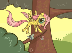 Size: 2600x1900 | Tagged: safe, artist:chaosmalefic, fluttershy, butterfly, pegasus, pony, g4, cute, dappled sunlight, female, filly, filly fluttershy, solo, tree, younger