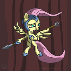 Size: 1024x1024 | Tagged: safe, artist:chaosmalefic, fluttershy, pony, g4, armor, flying, opera, spear, weapon