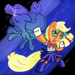 Size: 1024x1024 | Tagged: safe, artist:chaosmalefic, applejack, earth pony, pony, g4, bipedal, clothes, costume, cute, sailor moon (series), transformation, transformation sequence