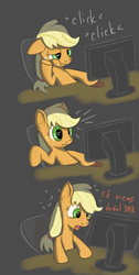 Size: 1024x2024 | Tagged: safe, artist:chaosmalefic, applejack, earth pony, pony, g4, chair, comic, computer, cowboy hat, female, hat, mare, open mouth, sitting, solo, surprised