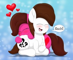 Size: 2048x1707 | Tagged: safe, artist:aarondrawsarts, oc, oc:brain teaser, oc:rose bloom, earth pony, pony, biting, blushing, brainbloom, butt bite, chest fluff, cute, dialogue, duo, female, literal butthurt, male, oc x oc, ouch, pain, shipping, straight
