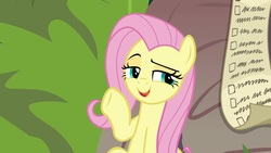Size: 1920x1080 | Tagged: safe, screencap, fluttershy, pegasus, pony, g4, she talks to angel, checklist, female, lidded eyes, list, mare, open mouth, solo