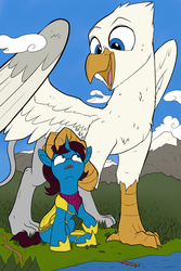 Size: 2567x3833 | Tagged: safe, artist:tinibirb, artist:tsitra360, color edit, edit, oc, oc only, oc:altus bastion, oc:der, griffon, pony, unicorn, armor, clothes, cloud, colored, commission, female, griffon oc, guardsmare, high res, lake, macro, mare, royal guard, scarf, scenery, size difference, snow