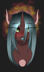 Size: 1173x1900 | Tagged: safe, artist:rxsiex3, oc, oc only, oc:rosebud, changedling, changeling, pony, unicorn, blushing, bust, crying, drool, forked tongue, solo, tongue out