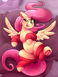 Size: 3081x4042 | Tagged: safe, artist:graphene, fluttershy, pegasus, pony, rainbow roadtrip, bed, belly button, blanket, clothes, cute, female, frog (hoof), grin, hooves, human shoulders, leggings, mare, on back, one eye closed, pillow, shyabetes, smiling, solo, underhoof, wink