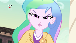 Size: 1136x640 | Tagged: safe, screencap, princess celestia, principal celestia, blizzard or bust, equestria girls, equestria girls specials, g4, my little pony equestria girls: better together, my little pony equestria girls: holidays unwrapped, angry, celestia is not amused, female, looking at you, plusplus, unamused