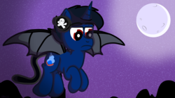 Size: 3840x2160 | Tagged: safe, artist:agkandphotomaker2000, oc, oc:zero, pony, unicorn, bat wings, creature like pony, flying, high res, moon, mountain, night, red eyes, tail, wings