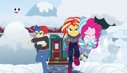 Size: 1144x656 | Tagged: safe, screencap, flash sentry, pinkie pie, sunset shimmer, equestria girls, equestria girls specials, g4, my little pony equestria girls: better together, my little pony equestria girls: holidays unwrapped, saving pinkie's pie, clothes, female, hat, male, plusplus, running, snow, snowball, snowball fight, winter outfit