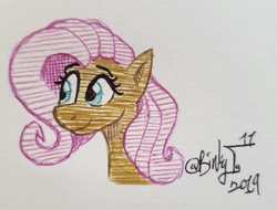 Size: 2506x1907 | Tagged: safe, artist:binkyt11, derpibooru exclusive, fluttershy, pegasus, pony, g4, bust, female, mare, pen drawing, solo, style emulation, traditional art