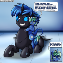 Size: 2000x2000 | Tagged: safe, artist:novaspark, oc, oc only, oc:change, oc:nova spark, changeling, monster pony, original species, pony, tatzlpony, blue changeling, changeling oc, fangs, high res, macro, ponies riding ponies, riding, shrinking