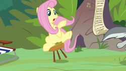 Size: 1920x1080 | Tagged: safe, screencap, fluttershy, sandra, pony, wolf, g4, she talks to angel, checklist, female, mare, solo focus, stool