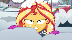 Size: 1920x1080 | Tagged: safe, screencap, sunset shimmer, equestria girls, g4, holidays unwrapped, saving pinkie's pie, spoiler:eqg series (season 2), not fiery shimmer, plusplus, shrunken pupils, snow, winter, winter outfit