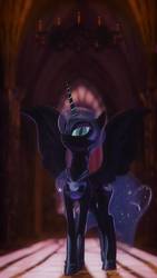 Size: 670x1192 | Tagged: safe, artist:clar3, nightmare moon, pony, g4, 3d, armor, castle, eclipse, ethereal mane, eyeshadow, female, helmet, interior, makeup, solar eclipse, solo, source filmmaker, starry mane, wings