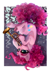 Size: 2550x3509 | Tagged: safe, artist:eiirine, pinkie pie, earth pony, pony, g4, abstract background, cute, diapinkes, female, high res, horseshoes, musical instrument, signature, solo, trumpet, underhoof, upside down