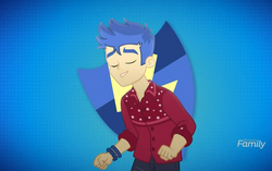 Size: 1150x720 | Tagged: safe, screencap, flash sentry, cheer you on, equestria girls, equestria girls series, g4, spoiler:eqg series (season 2), blue background, clothes, cute, diasentres, discovery family logo, eyes closed, male, simple background, singing, smiling, solo