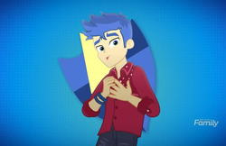 Size: 1108x720 | Tagged: safe, screencap, flash sentry, cheer you on, equestria girls, equestria girls series, g4, spoiler:eqg series (season 2), blue background, clothes, cute, diasentres, discovery family logo, male, simple background, smiling, solo