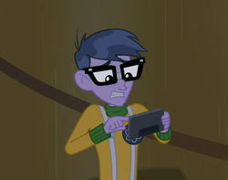 Size: 801x630 | Tagged: safe, screencap, microchips, cheer you on, equestria girls, equestria girls series, g4, spoiler:eqg series (season 2), clothes, cropped, glasses, male, scared