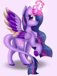 Size: 2916x3900 | Tagged: safe, artist:tomboygirl45, twilight sparkle, alicorn, pony, g4, butt, colored wings, female, high res, magic, multicolored wings, plot, simple background, solo, twilight sparkle (alicorn), wings