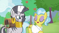 Size: 1920x1080 | Tagged: safe, screencap, doctor fauna, zecora, earth pony, pony, zebra, g4, she talks to angel, clothes, ear piercing, earring, eyeshadow, female, jewelry, makeup, mare, neck rings, piercing, quadrupedal, smiling