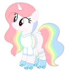 Size: 393x416 | Tagged: safe, artist:funny-arts, artist:selenaede, oc, oc only, oc:pastel tracks, hybrid, pony, unicorn, vampire, icey-verse, base used, blank flank, clothes, fangs, female, heterochromia, magical lesbian spawn, mare, multicolored hair, offspring, parent:oc:night rainbow, parent:oc:rolla derbi, parents:oc x oc, pastel, rainbow hair, rainbow socks, roller skates, shirt, simple background, socks, solo, striped socks, t-shirt, tail wrap, transparent background