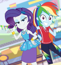 Size: 689x734 | Tagged: safe, screencap, rainbow dash, rarity, human, equestria girls, equestria girls specials, g4, my little pony equestria girls: better together, my little pony equestria girls: holidays unwrapped, canterlot mall, clothes, cropped, cute, dashabetes, duo, female, geode of shielding, jersey, magical geodes, peace sign, pencil skirt, photo, rarity peplum dress, skirt, smiling