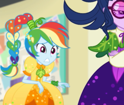 Size: 650x554 | Tagged: safe, screencap, rainbow dash, sci-twi, twilight sparkle, equestria girls, equestria girls specials, g4, my little pony equestria girls: better together, my little pony equestria girls: holidays unwrapped, o come all ye squashful, clothes, cornucopia costumes, costume, cropped, duo, female, ponytail, rainbow dash always dresses in style, worried