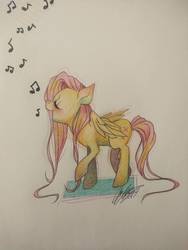 Size: 774x1032 | Tagged: safe, artist:theoperaticone, fluttershy, pegasus, pony, g4, eyes closed, female, mare, music notes, open mouth, profile, raised hoof, singing, smiling, solo, standing, traditional art, wings
