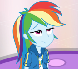 Size: 659x586 | Tagged: safe, screencap, rainbow dash, equestria girls, equestria girls series, g4, holidays unwrapped, spoiler:eqg series (season 2), cropped, female, geode of super speed, magical geodes, rainbow dash is not amused, solo, unamused
