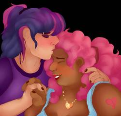Size: 915x874 | Tagged: safe, artist:bewarethemusicman, pinkie pie, twilight sparkle, human, g4, alternate hairstyle, black background, blushing, chubby, clothes, cute, dark skin, diapinkes, duo, eyebrow piercing, eyes closed, eyeshadow, female, forehead kiss, freckles, heart, holding hands, hug, humanized, jewelry, kissing, lesbian, lipstick, makeup, nail polish, necklace, piercing, ship:twinkie, shipping, shirt, simple background, t-shirt, tank top, tattoo