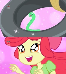 Size: 1920x2160 | Tagged: safe, screencap, apple bloom, colonel wigglesworth, worm, equestria girls, equestria girls series, g4, holidays unwrapped, the cider louse fools, spoiler:eqg series (season 2), adorable face, adorabloom, apple worm, cute, daaaaaaaaaaaw, plusplus