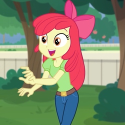 Size: 1080x1080 | Tagged: safe, screencap, apple bloom, equestria girls, equestria girls specials, g4, my little pony equestria girls: better together, my little pony equestria girls: holidays unwrapped, the cider louse fools, adorabloom, apple bloom's bow, belt, bow, clothes, cropped, cute, female, hair bow, jeans, older, pants, smiling, solo