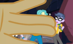 Size: 1179x720 | Tagged: safe, screencap, brawly beats, micro chips, ringo, sandalwood, cheer you on, equestria girls, g4, my little pony equestria girls: better together, breaking the fourth wall, clothes, fingers, fourth wall, glasses, male, mc sandalwood, offscreen character, pants