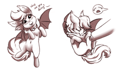 Size: 1368x800 | Tagged: safe, artist:28gooddays, bat pony, pony, biting, collar, commission, dock, ear fluff, female, hand, human and pony, looking at you, monochrome, on back, pet tag, pony pet, wings, ych example, ych sketch, your character here