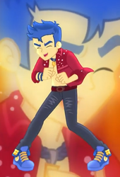 Size: 412x605 | Tagged: safe, screencap, flash sentry, cheer you on, equestria girls, equestria girls series, g4, spoiler:eqg series (season 2), blue sneakers, clothes, converse, cropped, eyes closed, male, pants, partial nudity, shoes, singing, smiling, sneakers, solo, stupid sexy flash sentry, topless