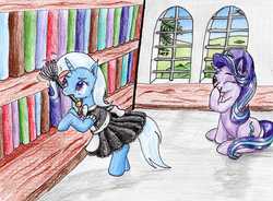 Size: 3080x2261 | Tagged: safe, artist:40kponyguy, derpibooru exclusive, starlight glimmer, trixie, pony, unicorn, g4, bookshelf, clothes, dress, duster, ear fluff, giggling, high res, hypnosis, hypnotized, maid, mouth hold, one eye closed, requested art, smiling, smirk, traditional art