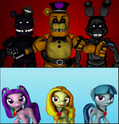 Size: 1280x1328 | Tagged: safe, artist:tac129max, adagio dazzle, aria blaze, sonata dusk, earth pony, pony, equestria girls, g4, 3d, animatronic, comparison, equestria girls ponified, eyebrows, five nights at freddy's, five nights at freddy's 2, golden freddy, ponified, shadow bonnie, shadow freddy, source filmmaker, the chief (animatronic), the dazzlings, the special strike, thehottest dog