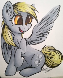 Size: 1781x2191 | Tagged: safe, artist:gleamydreams, derpibooru exclusive, derpy hooves, pegasus, pony, g4, chest fluff, ear fluff, female, mare, sitting, smiling, solo, spread wings, traditional art, wings