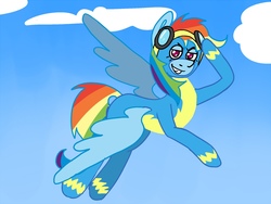Size: 1280x960 | Tagged: safe, artist:lowname, rainbow dash, pegasus, pony, g4, clothes, costume, female, flying, goggles, grin, mare, salute, sky, smiling, smirk, solo, uniform, wonderbolts uniform