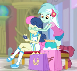 Size: 530x491 | Tagged: safe, screencap, bon bon, lyra heartstrings, sweetie drops, dashing through the mall, equestria girls, equestria girls specials, g4, my little pony equestria girls: better together, my little pony equestria girls: holidays unwrapped, adorabon, covering eyes, cropped, cute, female, guess who, leg focus, lyrabetes