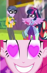 Size: 203x311 | Tagged: safe, edit, edited screencap, screencap, microchips, pinkie pie, sci-twi, twilight sparkle, human, cheer you on, coinky-dink world, eqg summertime shorts, equestria girls, equestria girls series, g4, spoiler:eqg series (season 2), female, heart, heart eyes, male, meme, microlight, pinkie the shipper, pinkie's eyes, shipping, shipping domino, straight, super ponied up, wingding eyes