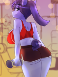 Size: 1500x2000 | Tagged: safe, artist:klaudy, earth pony, anthro, ass, booty shorts, busty oc, butt, clothes, commission, female, gym, gym uniform, midriff, ponytail, sexy, shorts, smiling, solo, sports bra, sports shorts, sweat, workout, workout outfit, ych example, ych sketch, your character here