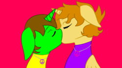 Size: 1024x576 | Tagged: safe, artist:angrybeavers1997, oc, oc only, oc:aspen, oc:ryan, alicorn, pony, alicorn oc, bodysuit, catsuit, eyes closed, female, hippie, jewelry, kissing, latex, latex suit, love, making out, male, necklace, peace suit, peace symbol, romantic, rubber suit, ryspen, straight