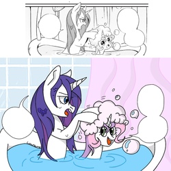 Size: 1080x1080 | Tagged: safe, artist:lowname, rarity, sweetie belle, pony, unicorn, g4, bath, bathtub, female, filly, mare, redraw, siblings, sisters, wet mane