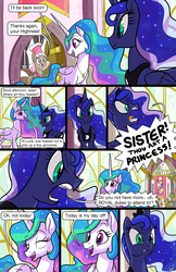 Size: 1989x3072 | Tagged: safe, artist:docwario, princess celestia, princess luna, oc, oc:alice goldenfeather, oc:flaky pastry, alicorn, earth pony, pony, comic:royal chores, g4, angry, comic, eyes closed, jewelry, necklace, open mouth, royal sisters, speech bubble