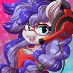 Size: 670x670 | Tagged: safe, artist:ask-colorsound, oc, oc only, oc:cinnabyte, earth pony, pony, g4, adorkable, bandana, chest fluff, cinnabetes, cute, dork, earth pony oc, female, gaming headset, glasses, headset, icon, looking at you, mare, meganekko, open mouth, pigtails, smiling, solo