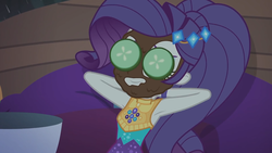 Size: 1920x1080 | Tagged: safe, screencap, rarity, equestria girls, equestria girls series, g4, inclement leather, spoiler:choose your own ending (season 2), spoiler:eqg series (season 2), arm behind back, armpits, cucumber, cucumbers over eyes, female, food, inclement leather: applejack, mud mask, music festival outfit, relaxing, sleeveless, solo