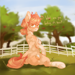 Size: 3000x3000 | Tagged: safe, artist:peachez, oc, oc only, oc:peach bellini, earth pony, pony, butt, cottagecore, femboy, garden, high res, looking at you, looking back, looking back at you, male, peach, plot, shiny butt, solo, sun, tree