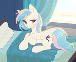 Size: 2000x1625 | Tagged: safe, artist:avrameow, oc, oc only, oc:starburn, pegasus, pony, bed, female, heart eyes, mare, on bed, prone, solo, wingding eyes