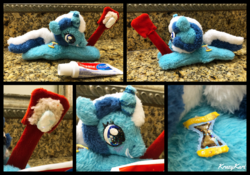 Size: 3264x2279 | Tagged: safe, minuette, pony, unicorn, g4, beanie (plushie), cute, female, high res, irl, mare, minubetes, photo, plushie, smiling, solo, toothbrush, toothpaste